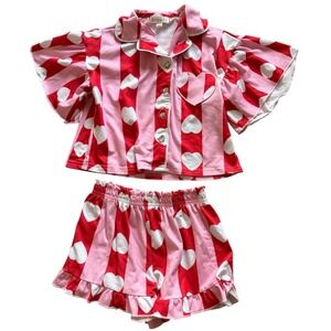 BTWEEN Girls Heart Pajama Set Pink Red Stripe w/ Gem Button Accents & Shorts 5/6